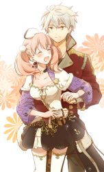 Rule 34 | 10s, 1boy, 1girl, atelier (series), atelier escha &amp; logy, black skirt, blush, breasts, choker, closed eyes, coat, corset, couple, escha malier, fingerless gloves, floral background, flower, from behind, gloves, hair between eyes, happy, hat, hetero, holding hands, hug, hug from behind, interlocked fingers, jacket, jewelry, laughing, logix ficsario, looking at another, messy hair, neck, necklace, open mouth, pink hair, satsu, short hair, skirt, smile, standing, strapless, thighhighs, twintails, white hair, white thighhighs, yellow eyes