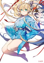 Rule 34 | 1girl, ahoge, artist name, barefoot, blonde hair, blue eyes, bow, full body, hair bow, holding, japanese clothes, kimono, long hair, looking at viewer, original, short kimono, simple background, solo, sukja, twintails, white background