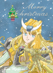 Rule 34 | absurdres, artist name, blonde hair, blue eyes, bodysuit, commentary, english commentary, floating hair, genderswap, genderswap (mtf), green bodysuit, highres, horns, humanization, long hair, magami ban, mecha musume, mechanical arms, merry christmas, mixed-language commentary, parted lips, smile, snowing, transformers, transformers victory, upper body, very long hair, victory leo