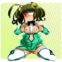 Rule 34 | 1girl, ahoge, black bow, black bowtie, blunt bangs, blush, bow, bowtie, breasts, breasts out, detached sleeves, ebi tendon, exhibitionism, eyepatch, frilled thighhighs, frills, full body, green hair, green thighhighs, kneeling, leotard, navel, necktie, nipples, orange eyes, otomedius, pelvic curtain, public indecency, revealing clothes, see-through, see-through skirt, skirt, small breasts, solo, spread legs, thighhighs, tita nium, twintails
