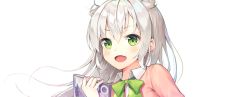Rule 34 | 1girl, blush, bow, collared shirt, double bun, fang, green bow, green eyes, grey hair, highres, holding, long hair, looking at viewer, open mouth, original, shirt, shoonia, simple background, smile, solo, upper body, very long hair, white background, white shirt