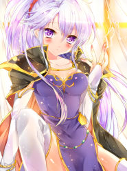 Rule 34 | 1girl, bad id, bad pixiv id, bariko, blush, bracelet, breasts, bridal gauntlets, cape, cleavage, dress, elbow gloves, electricity, fire emblem, fire emblem: genealogy of the holy war, gloves, ishtar (fire emblem), jewelry, long hair, lots of jewelry, magic, nintendo, purple eyes, purple hair, side ponytail, side slit, solo, thighhighs, very long hair