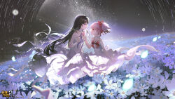 Rule 34 | 2girls, akemi homura, alternate costume, artist request, backlighting, bare shoulders, benghuai xueyuan, black hair, black hairband, bow, bowtie, chinese commentary, choker, collarbone, commentary request, dress, dutch angle, eye contact, falling petals, field, floating hair, flower, flower field, from side, glowing, glowing petals, hair ribbon, hairband, halter dress, halterneck, hand up, highres, holding, holding flower, honkai (series), kaname madoka, layered dress, logo, long hair, looking at another, mahou shoujo madoka magica, multiple girls, neck ribbon, night, night sky, official art, outdoors, petals, pink hair, profile, purple eyes, red bow, red bowtie, ribbon, short hair, short twintails, sky, smile, star (sky), starry sky, twintails, white choker, white dress, white flower, wind, yuri