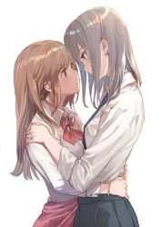 Rule 34 | 2girls, black skirt, blue eyes, blue neckwear, bow, bowtie, brown eyes, brown hair, clothes around waist, dress shirt, eye contact, from side, frown, hands on another&#039;s shoulders, highres, hug, long hair, looking at another, multiple girls, necktie, original, pink sweater, pleated skirt, red bow, school uniform, shirabi, shirt, silver hair, simple background, skirt, standing, sweater, sweater around waist, white background, white shirt, yuri