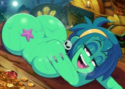 Rule 34 | 1girl, andro juniarto, ass, huge ass, lying, on stomach, rottytops, shantae (series), smile, solo, source request, tagme, zombie