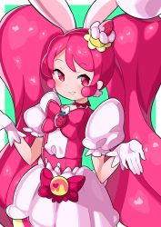 Rule 34 | 10s, 1girl, animal ears, bad id, bad pixiv id, blush, cake hair ornament, choker, cowboy shot, cure whip, earrings, extra ears, food, food-themed hair ornament, food themed hair ornament, fruit, gloves, grin, hair ornament, highres, jewelry, kirakira precure a la mode, long hair, looking at viewer, magical girl, neko (user szgu8527), open mouth, pink eyes, pink hair, pom pom (clothes), pom pom earrings, precure, rabbit ears, shrugging, simple background, skirt, smile, solo, strawberry, twintails, usami ichika, very long hair, white gloves