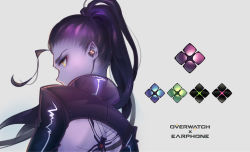 Rule 34 | 1girl, absurdres, alternate costume, back, back tattoo, backless outfit, colored skin, copyright name, earphones, earpiece, eyelashes, eyeliner, from behind, highres, jacket, long hair, long sleeves, looking away, makeup, overwatch, overwatch 1, ponytail, purple hair, purple jacket, purple skin, sai ichirou, shoulder blades, simple background, solo, spider tattoo, tattoo, turtleneck, widowmaker (overwatch), wireless, yellow eyes