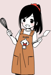 Rule 34 | 1girl, :d, alternate hairstyle, apron, blush, brown apron, commentary request, dot nose, english text, grey background, hair ornament, hair scrunchie, happy, highres, hitori bocchi, hitoribocchi no marumaru seikatsu, holding, holding spatula, holding whisk, katsuwo (cr66g), long hair, looking at viewer, open mouth, partially colored, ponytail, print apron, red scrunchie, scrunchie, shirt, short sleeves, sidelocks, simple background, smile, solo, spatula, split mouth, standing, whisk