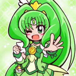 Rule 34 | 10s, 1girl, ;d, blush, bow, bowtie, brooch, clenched hand, cure march, green background, green bow, green bowtie, green eyes, green hair, green skirt, green theme, guardias, jewelry, long hair, magical girl, matching hair/eyes, midorikawa nao, one eye closed, open mouth, outstretched hand, ponytail, precure, skirt, smile, smile precure!, solo, tri tails, wink, wrist cuffs