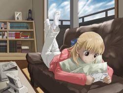 Rule 34 | 1girl, blonde hair, camera, couch, lying, on stomach, reading, socks, solo, window