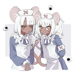Rule 34 | 2girls, absurdres, animal ears, apron, armband, blush stickers, daikokuten (fate), dark-skinned female, dark skin, fate/grand order, fate (series), food, highres, kaigan0211, mouse ears, mouse tail, multiple girls, onigiri, red eyes, tail, white apron, white hair, yellow pupils