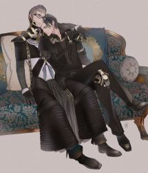 Rule 34 | 2boys, armor, bad id, bad pixiv id, black gloves, black hair, brown hair, capelet, chain, collared shirt, couch, final fantasy, final fantasy xv, formal, glasses, gloves, hair slicked back, head on another&#039;s shoulder, ignis scientia, crossed legs, male focus, multiple boys, nobingo, noctis lucis caelum, aged up, pauldrons, pillow, robe, scar, shirt, shoulder armor, sitting, sleeping, spoilers, visor