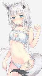 Rule 34 | animal ear fluff, animal ears, bare arms, bare shoulders, blush, bra, braid, breasts, cat lingerie, choker, cleavage cutout, clothing cutout, collarbone, commentary, embarrassed, fox ears, fox girl, fox tail, green eyes, grey background, highres, hololive, looking at viewer, meme attire, navel, open mouth, panties, parufeito, paw pose, shirakami fubuki, side-tie panties, silver hair, simple background, single braid, small breasts, standing, stomach, tail, underwear, virtual youtuber, white bra, white choker, white panties