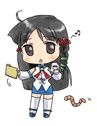 Rule 34 | 1girl, beamed quavers, black hair, brown eyes, chibi, chibi only, detached sleeves, folder, long hair, long sleeves, lowres, musical note, os-tan, simple background, solo, thighhighs, triangle mouth, white background, worm, xp-tan