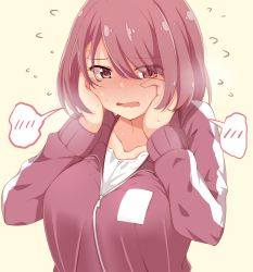 Rule 34 | 1girl, blush, breasts, commentary request, dou-t, full-face blush, hair over one eye, highres, hoshino miyako (wataten), jacket, large breasts, open mouth, red eyes, red jacket, shirt, short hair, simple background, solo, sweat, track jacket, track suit, watashi ni tenshi ga maiorita!, white shirt