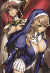 Rule 34 | 2girls, absurdres, armlet, blue lips, bodysuit, breasts, brown hair, cape, circlet, claudette (queen&#039;s blade), claudette (queen's blade), cleavage, cleavage cutout, clenched hand, clothing cutout, cross, cross necklace, downblouse, eiwa, expressionless, facial mark, female focus, garter belt, garter straps, gem, gloves, green eyes, habit, hair between eyes, headdress, highres, holding, jewelry, lace, large breasts, lipstick, long hair, long sleeves, looking at viewer, looking down, makeup, miniskirt, multiple girls, necklace, nun, official art, parody, parted bangs, piercing, pink lips, pleated skirt, puffy long sleeves, puffy sleeves, queen&#039;s blade, queen&#039;s blade rebellion, red hair, scan, scan artifacts, short hair, sidelocks, sigui (queen&#039;s blade), skirt, smile, staff, standing, thighhighs, thundercloud queen claudette, turtleneck, very long hair, white legwear, zettai ryouiki
