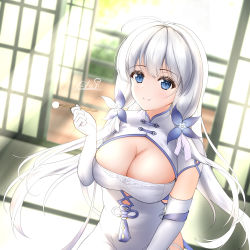Rule 34 | 1girl, absurdres, azur lane, blue eyes, breasts, china dress, chinese clothes, cleavage, dress, elbow gloves, gloves, highres, huge filesize, illustrious (azur lane), illustrious (maiden lily&#039;s radiance) (azur lane), indoors, large breasts, long hair, looking at viewer, mimikaki, nishiun mark7/1, official alternate costume, short sleeves, smile, solo, tri tails, white dress, white gloves, white hair
