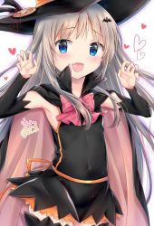 Rule 34 | 1girl, :d, bat hair ornament, black cape, black dress, black hat, black thighhighs, blue eyes, blush, bow, brown cape, cape, claw pose, commentary request, covered navel, detached sleeves, dress, fang, fingernails, grey hair, hair ornament, hands up, hat, heart, highres, little busters!, long hair, long sleeves, maruma (maruma gic), multicolored cape, multicolored clothes, nose blush, noumi kudryavka, open mouth, red bow, signature, sleeveless, sleeveless dress, smile, solo, thighhighs, very long hair, white background, witch hat