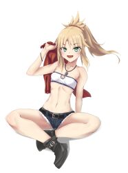 Rule 34 | 1girl, :d, bandeau, bare arms, bare legs, bare shoulders, black footwear, blonde hair, boots, commentary request, cutoffs, denim, denim shorts, fate/apocrypha, fate (series), green eyes, hand up, highres, holding, indian style, jewelry, long hair, looking at viewer, micro shorts, midriff, mordred (fate), mordred (fate/apocrypha), navel, open mouth, pendant, ponytail, shadow, shorts, simple background, sitting, smile, solo, stomach, strapless, thighs, tube top, white background, xing yujun