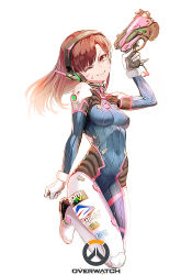 Rule 34 | &gt;;), 1girl, acronym, animal print, blizzard (company), blue bodysuit, bodysuit, breasts, brown eyes, brown hair, charm (object), clenched hand, clothes writing, copyright name, covered navel, cowboy shot, d.va (overwatch), emblem, facepaint, facial mark, gloves, gun, handgun, head tilt, headphones, high collar, holding, holding gun, holding weapon, hyury, leg up, long hair, looking at viewer, medium breasts, one eye closed, overwatch, overwatch 1, pilot suit, pinky out, pistol, rabbit print, ribbed bodysuit, shoulder pads, simple background, skin tight, smile, solo, swept bangs, trigger discipline, v-shaped eyebrows, weapon, whisker markings, white background, white gloves
