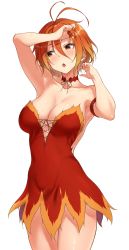 Rule 34 | 1girl, :o, amagi brilliant park, antenna hair, arm up, armband, armpits, backless dress, backless outfit, bare shoulders, blush, breasts, brown hair, center opening, choker, collarbone, cowboy shot, dress, fang, gradient hair, hair between eyes, highres, large breasts, momihige, multicolored hair, open mouth, orange hair, red armband, red choker, red eyes, salama (amaburi), short dress, short hair, solo, strapless, strapless dress, sweat