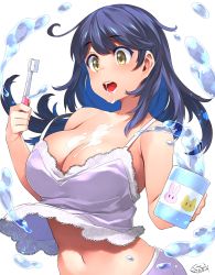 Rule 34 | 1girl, ahoge, blue hair, breasts, cleavage, commentary request, cup, dated, happa (cloverppd), holding, holding cup, holding toothbrush, kantai collection, large breasts, long hair, navel, open mouth, sexually suggestive, simple background, solo, teeth, toothbrush, upper body, ushio (kancolle), water, white background, yellow eyes