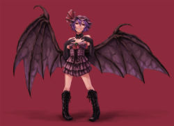 Rule 34 | 1girl, bad id, bad pixiv id, bat wings, boots, dress, elbow gloves, female focus, gloves, hat, highres, kurione (pixiv), kurione (zassou), purple hair, red eyes, remilia scarlet, short hair, solo, touhou, wings