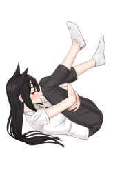 1girl animal_ears black_hair black_pants blunt_bangs breasts easy_(aqk7bdqt) feet full_body gankutsu-sou_no_fuyajou-san hugging_own_legs legs_up long_hair medium_breasts no_shoes pants red_eyes shirt shizuka_makura short_sleeves simple_background smile socks solo very_long_hair white_background white_footwear white_shirt