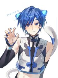 Rule 34 | 1boy, 2023, :3, animal ear headphones, animal ears, blue eyes, blue hair, blue nails, blush, cat ear headphones, character name, chinese commentary, claw pose, commentary request, crop top, cropped torso, dated, detached sleeves, fake animal ears, hair between eyes, hand up, headphones, highres, kaito (vocaloid), kazemi arashi, light smile, long sleeves, looking to the side, male focus, microphone, nail polish, neko cyber (module), simple background, smile, tail, upper body, vocaloid, white background, white tail, wrist cuffs
