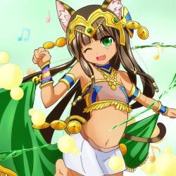 Rule 34 | 1girl, :d, ;d, alice bambi, animal ears, armlet, bare shoulders, bastet (p&amp;d), bracer, brown hair, cat ears, cat tail, egyptian, egyptian clothes, closed eyes, fang, green eyes, jewelry, leg up, light particles, long hair, lots of jewelry, musical note, navel, necklace, one eye closed, open mouth, paw pose, puzzle &amp; dragons, skirt, smile, solo, strapless, tail, tube top, white skirt