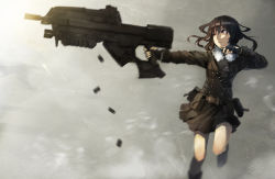 1girl assault_rifle bad_id bad_nicoseiga_id belt brown_eyes brown_hair bullpup casing_ejection female_focus fingerless_gloves firing fur_collar gloves gun kneehighs original parted_lips pouch rifle running seafh shell_casing short_hair socks solo weapon