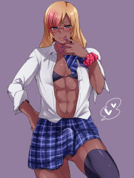 Rule 34 | 1boy, abs, androgynous, bra, bulge, clothes, clothes lift, crossdressing, dark skin, erection, erection under clothes, ganguro, gradient hair, heart, heart-shaped pupils, licking lips, male focus, mogiki hayami, multicolored hair, muscular, plaid, plaid skirt, skirt, skirt lift, solo, symbol-shaped pupils, tongue, tongue out, underwear