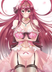 Rule 34 | 1girl, black bow, bow, bow panties, bra, breasts, cattleya (flower knight girl), choker, cleavage, cowboy shot, crossed arms, flower, flower knight girl, frown, hair flower, hair ornament, ishizu kayu, jewelry, large breasts, long hair, necklace, panties, pink panties, red hair, solo, thigh strap, tiara, underwear, white background, yellow eyes