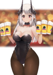 Rule 34 | 1girl, arknights, bare arms, bare shoulders, beer mug, big bob (arknights), black choker, black leotard, breasts, brown pantyhose, choker, cleavage, commentary request, covered navel, cowboy shot, cup, highres, horns, large breasts, leotard, long hair, looking at viewer, material growth, mudrock (arknights), mug, oripathy lesion (arknights), pantyhose, playboy bunny, pointy ears, red eyes, silver hair, solo, standing, strapless, strapless leotard, thighs, waifu2x, white background, yuzuruka (bougainvillea)