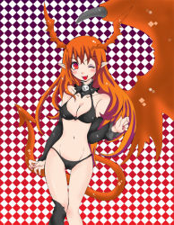 Rule 34 | 1girl, bare shoulders, bikini, breasts, cleavage, demon girl, elbow gloves, fangs, female focus, gloves, gradient background, long hair, lord of vermilion, navel, one eye closed, open mouth, orange hair, pointy ears, red eyes, single wing, smile, solo, succubus (lord of vermilion), swimsuit, tail, wings, wink