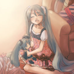 Rule 34 | 1girl, aqua hair, cheri, from above, gift, hatsune miku, long hair, puppet, sitting, smile, solo, twintails, very long hair, vocaloid