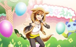 Rule 34 | 1boy, animal ears, balloon, belt, black pants, brown eyes, brown hair, child, collarbone, fake animal ears, fake tail, fingernails, glint, highres, holding, holding microphone, hood, hoodie, idolmaster, idolmaster side-m, idolmaster side-m live on stage!, male focus, microphone, midriff, navel, official art, open clothes, open mouth, pants, smile, tachibana shiro (idolmaster), tail, third-party source, wristband