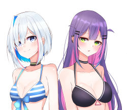 Rule 34 | 2girls, :3, absurdres, amane kanata, bikini, black bikini, blue eyes, blue hair, blush, breasts, choker, cleavage, closed mouth, collarbone, colored inner hair, dreamoon, front-tie bikini top, front-tie top, green eyes, hair between eyes, hair ornament, hair over one eye, hairclip, highres, hololive, long hair, looking at viewer, medium breasts, multicolored hair, multiple girls, parted lips, pink hair, purple hair, short hair, side-by-side, simple background, streaked hair, striped bikini, striped clothes, swimsuit, tokoyami towa, upper body, very long hair, virtual youtuber, white background, white hair