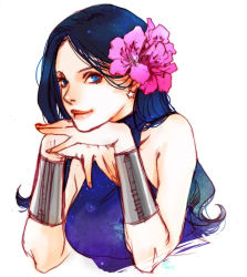 Rule 34 | 1girl, 89g, artist name, black hair, blue eyes, bracelet, dc comics, donna troy, earrings, flower, hair flower, hair ornament, jewelry, long hair, looking at viewer, solo, sparkle, teen titans, white background