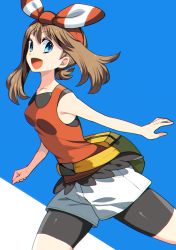 Rule 34 | 1girl, :d, bare arms, bike shorts, blue eyes, bow hairband, breasts, brown hair, commentary request, creatures (company), eyelashes, fanny pack, from side, game freak, hairband, highres, long hair, looking at viewer, may (pokemon), nintendo, open mouth, pokemon, pokemon oras, shirt, shorts, sleeveless, sleeveless shirt, smile, solo, tongue, two-tone background, white shorts, yellow bag, yuihico