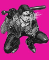 Rule 34 | 1boy, aomi nekosuki, baseball bat, bat (animal), black footwear, black hair, chain, chain necklace, cigarette, eyebrows, eyepatch, gloves, greyscale with colored background, jacket, jewelry, leather, leather gloves, limited palette, looking at viewer, majima goro, male focus, metal baseball bat, necklace, open clothes, open jacket, pink background, ryuu ga gotoku (series), shoes, simple background, smoke, smoking, snake print, squatting