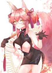 Rule 34 | 1girl, absurdres, alternate hairstyle, animal ear fluff, animal ears, breasts, chinese clothes, cleavage, fate/grand order, fate (series), fox ears, fox tail, glasses, highres, koyanskaya (chinese lostbelt outfit) (fate), koyanskaya (fate), large breasts, long hair, looking at viewer, neko2lims, pink hair, solo, tail, tamamo (fate), tamamo no mae (fate/extra), underboob, yellow eyes