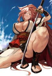 Rule 34 | 1girl, baiken, blue sky, breasts, cleavage, closed mouth, cloud, cloudy sky, day, feet, guilty gear, guilty gear strive, highres, holding, holding sword, holding weapon, jako (toyprn), katana, large breasts, long hair, one eye closed, outdoors, pink eyes, pink hair, sash, scar, scar across eye, short hair, side ponytail, sky, solo, squatting, sweat, sword, toeless footwear, toenails, toes, weapon