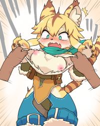 Rule 34 | 1girl, @ @, animal ears, assisted exposure, blonde hair, blush, breasts, furry, green eyes, mia (world flipper), nipples, open mouth, rmtwo, shirt, surprised, tail, tearing clothes, tears, torn clothes, torn shirt, world flipper