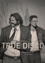 Rule 34 | 2boys, belt, collared jacket, collared shirt, crossover, disco elysium, english text, facial hair, formal, glasses, greyscale, hair slicked back, hand in jacket, harry du bois, highres, jacket, kim kitsuragi, male focus, monochrome, multiple boys, mustache, mutton chops, necktie, nyeigneous, open clothes, open jacket, pants, parody, scene reference, shirt, suit, suit jacket, true detective, white shirt