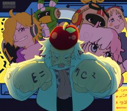 Rule 34 | 3girls, 4boys, apple, artist name, blonde hair, blue eyes, blush, clenched hands, dr. vegapunk, facial hair, food, fruit, goggles, goggles on head, headpiece, helmet, highres, long hair, looking at viewer, looking to the side, multiple boys, multiple girls, mustache, numbered, one piece, physics, pink hair, purple eyes, robot, science fiction, shirt, short hair, taku (aywakutakuay), tongue, tongue out, vegapunk atlas, vegapunk edison, vegapunk lilith, vegapunk pythagoras, vegapunk shaka, vegapunk york, white hair, white shirt