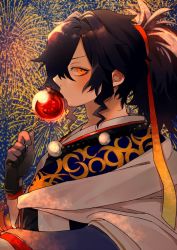 Rule 34 | 1boy, black gloves, black hair, blush, candy, candy apple, closed mouth, commentary request, crescent print, facial hair, fate/grand order, fate/type redline, fate (series), fingerless gloves, firework background, food, gloves, gradient ribbon, hair over one eye, hair ribbon, holding, holding candy, holding food, japanese clothes, kaname ryou, kimono, koha-ace, long hair, long sleeves, looking at viewer, male focus, moon print, official alternate costume, okada izou (fate), okada izou (festival outfit) (fate), orange eyes, ponytail, print kimono, ribbon, solo, stubble, upper body