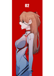 Rule 34 | 1girl, alternate breast size, aoi (altea0923), bodysuit, breasts, commentary request, evangelion: 3.0+1.0 thrice upon a time, eyepatch, hair ornament, highres, large breasts, long hair, neon genesis evangelion, open mouth, orange hair, pilot suit, plugsuit, profile, rebuild of evangelion, simple background, solo, souryuu asuka langley, standing, teeth, upper teeth only, white bodysuit