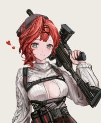 Rule 34 | 1girl, absurdres, ammunition belt, ammunition pouch, aqua eyes, beret, black hat, bolt-action shotgun, bolt action, breasts, casual, closed mouth, commentary, girls&#039; frontline, grey hat, gun, hair ornament, hairclip, harness, hat, heart, heart print, highres, holding, holding gun, holding weapon, light blush, lips, lithographica, long sleeves, looking at viewer, m26-mass, m26-mass (girls&#039; frontline), medium breasts, medium hair, modular weapon system, mole, mole on breast, multicolored clothes, multicolored hat, over shoulder, plaid, plaid skirt, pouch, red hair, shotgun, skirt, smile, solo, stand-alone configuration, straight-pull shotgun, straight pull, sweater, transforming weapon, upper body, weapon, weapon over shoulder, white background, white sweater