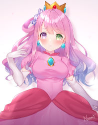 Rule 34 | 1girl, :o, artist name, blue gemstone, blue hair, blush, breasts, candy hair ornament, colored eyelashes, cosplay, cowboy shot, crown, dress, earrings, elbow gloves, food-themed hair ornament, gem, gloves, gradient hair, green eyes, hair ornament, hair rings, hand up, heterochromia, himemori luna, hololive, jewelry, looking at viewer, medium breasts, multicolored hair, naomi (fantasia), parted lips, pink dress, princess peach, princess peach (cosplay), puffy short sleeves, puffy sleeves, purple eyes, short sleeves, signature, simple background, solo, swept bangs, virtual youtuber, white background, white gloves